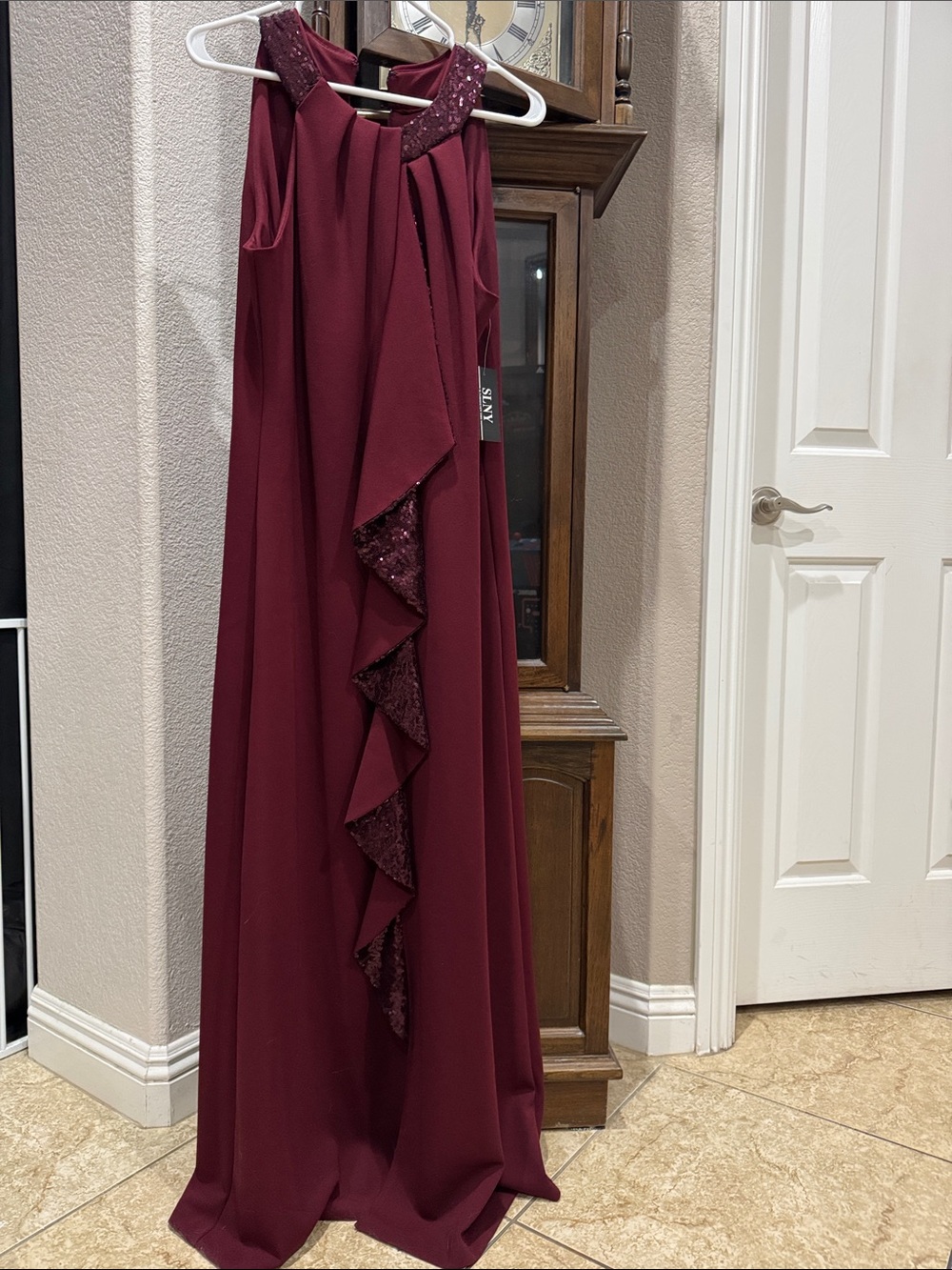SLNY Burgundy Sequin-Trim Halter Prom Dress